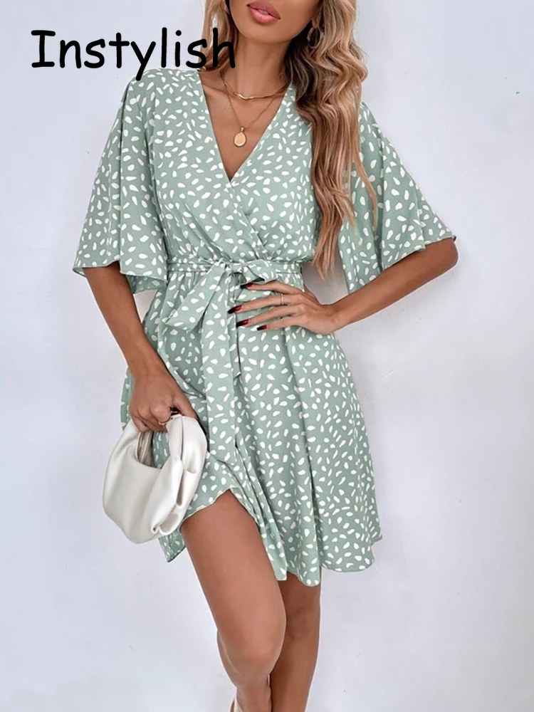 French Vintage Floral Midi Dress - Casual Dot Print Mini Dress with