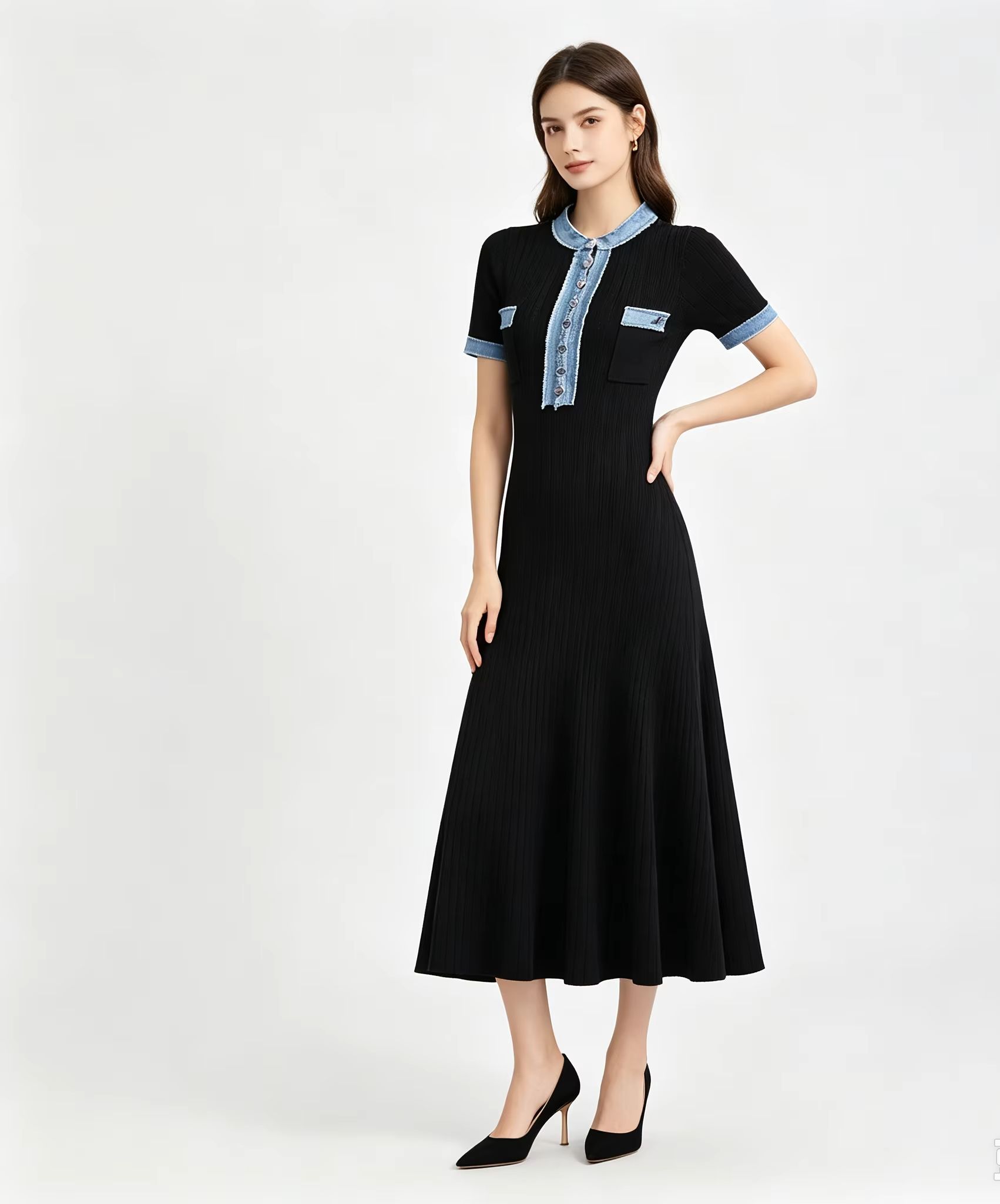 Bodycon Long Sleeve Ribbed Dress - Ribbed Knit Mermaid Long Dress Short