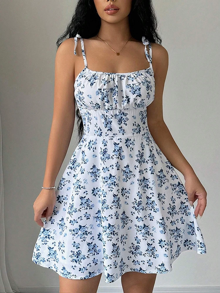 French Vintage Floral Midi Dress - Women's Summer Floral Spaghetti Strap Beach