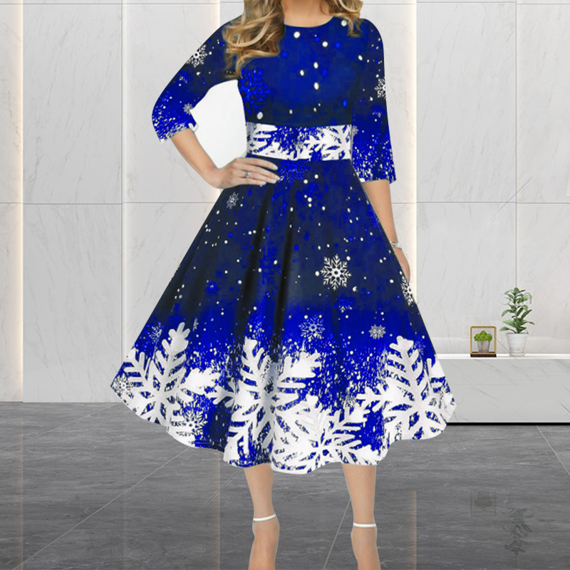 French Vintage Floral Midi Dress - Winter Christmas Dresses Women Vintage Robe