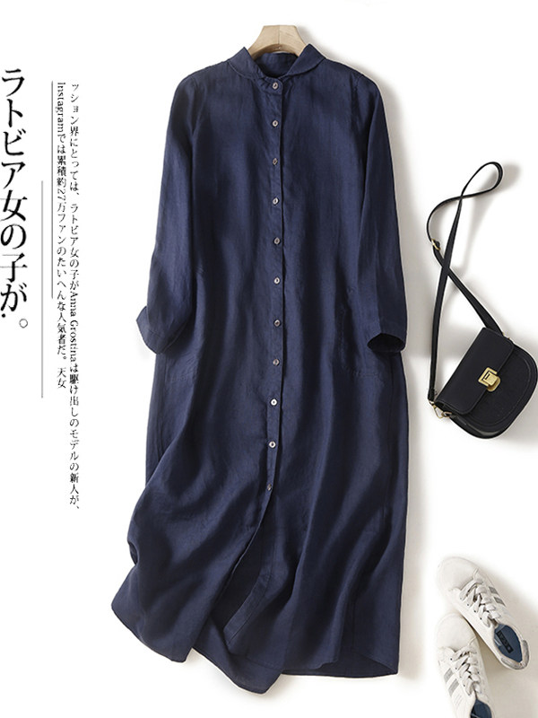 Casual Loose Linen Shirt Dress - Casual Cotton Linen Loose Shirt Dress