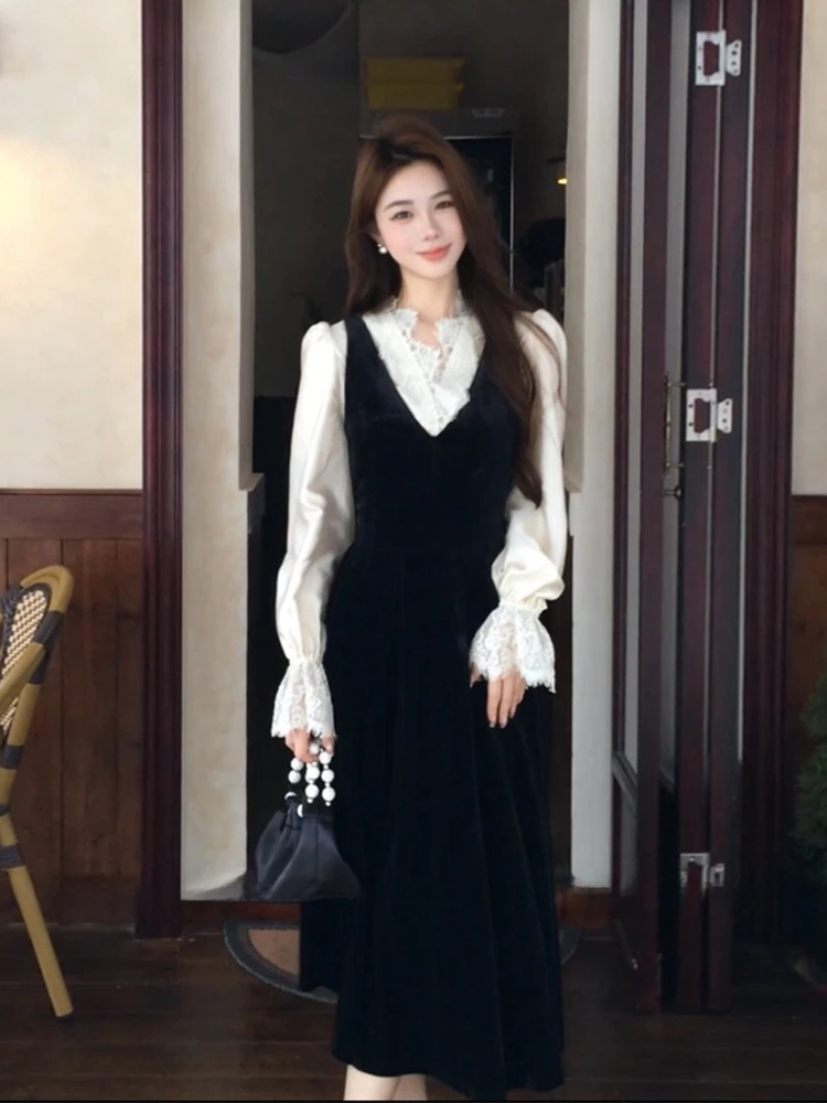 Korean Style A Line Shirt Dress - XZY Chic Lace Patchwork Silk Shirt