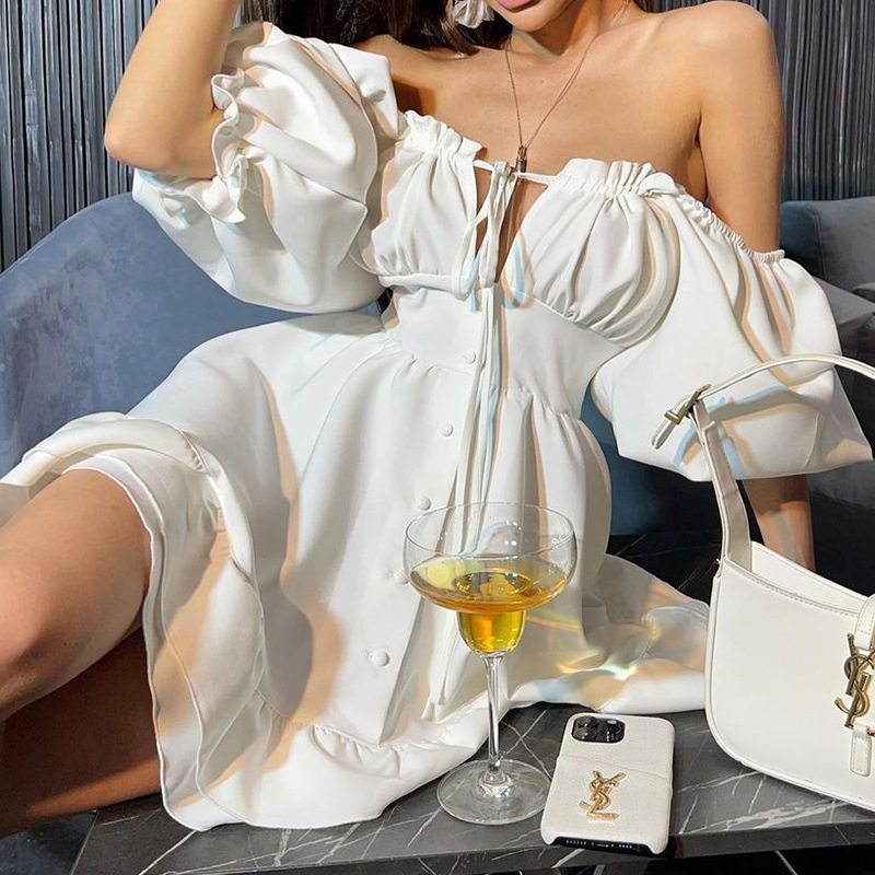 Off Shoulder Puff Sleeve Sundress - Women's Off Shoulder Mini Dresses Summer
