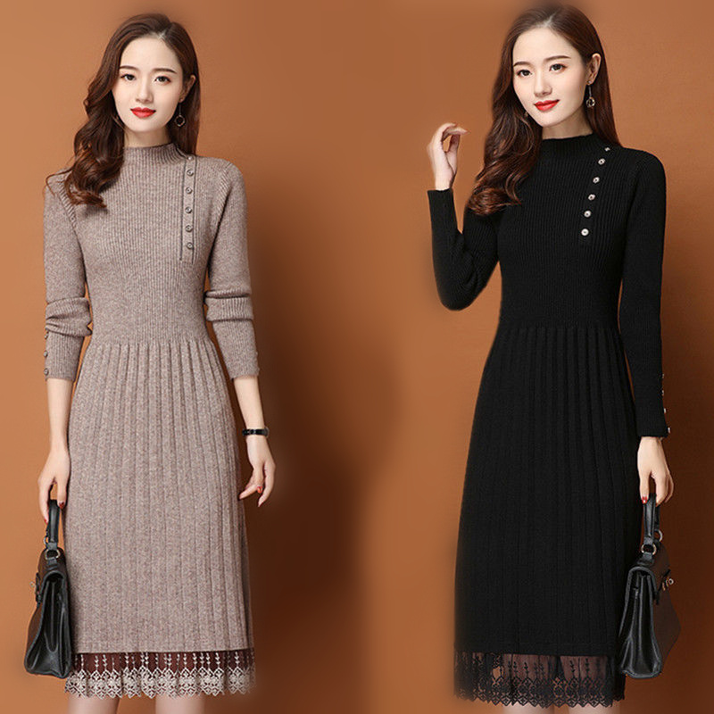 Bodycon Long Sleeve Ribbed Dress - Lace Hem Buttons Women Autumn Winter