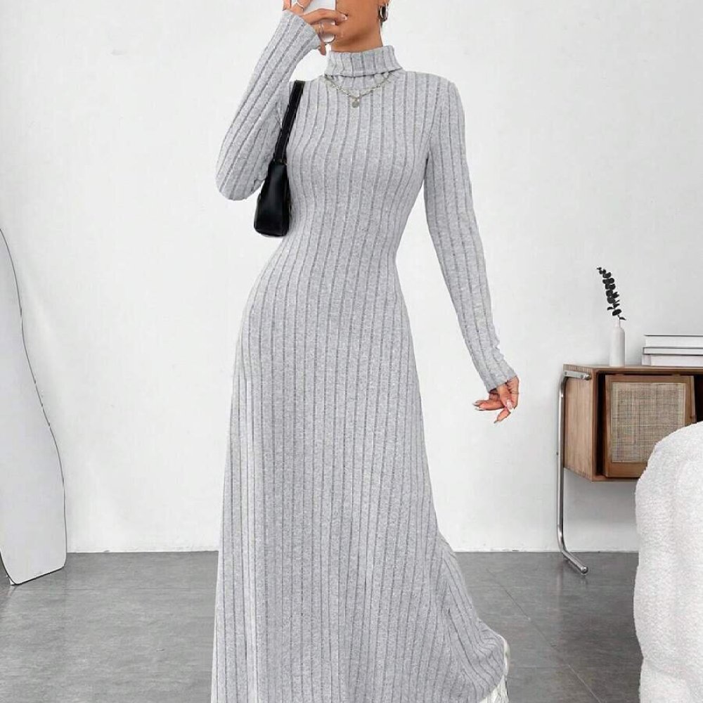 Elegant Autumn High Collar Lon - огляд і ціна Bodycon Long Sleeve Ribbed Dress