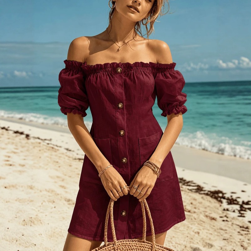 Women Off Shoulder Mini Dress  - огляд і ціна Off Shoulder Puff Sleeve Sundress