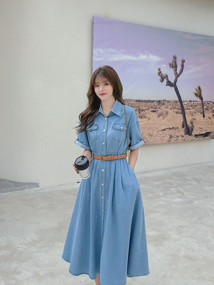 Women's Denim Dress 2026 Summe - огляд і ціна Korean Style A Line Shirt Dress