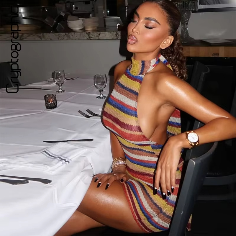 Striped Knit Halter Mini Dress - огляд і ціна Y2K Backless Halter Mini Dress