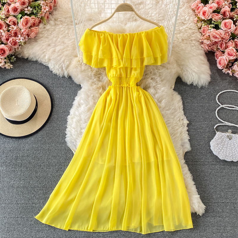 Yellow Solid Women's Beach Dre - огляд і ціна Off Shoulder Puff Sleeve Sundress