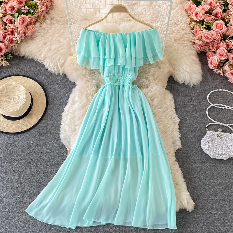 Yellow Solid Women's Beach Dre - огляд і ціна Off Shoulder Puff Sleeve Sundress