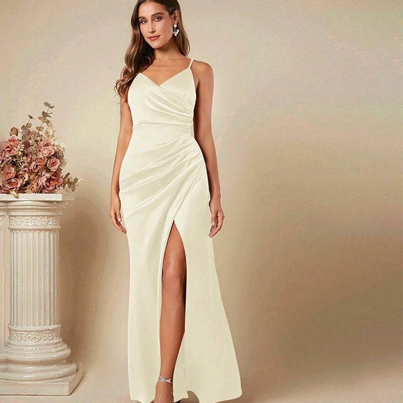 Women Elegant Satin Suspender  - огляд і ціна Elegant Satin Evening Gown Split