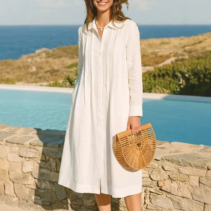 European Solid Long Dress Loos - огляд і ціна Casual Loose Linen Shirt Dress