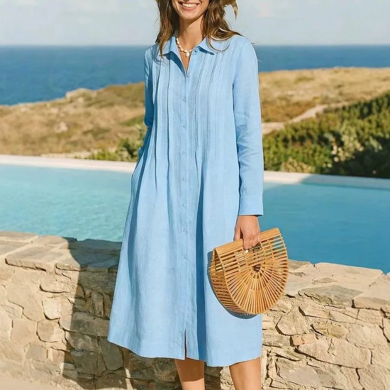 European Solid Long Dress Loos - огляд і ціна Casual Loose Linen Shirt Dress