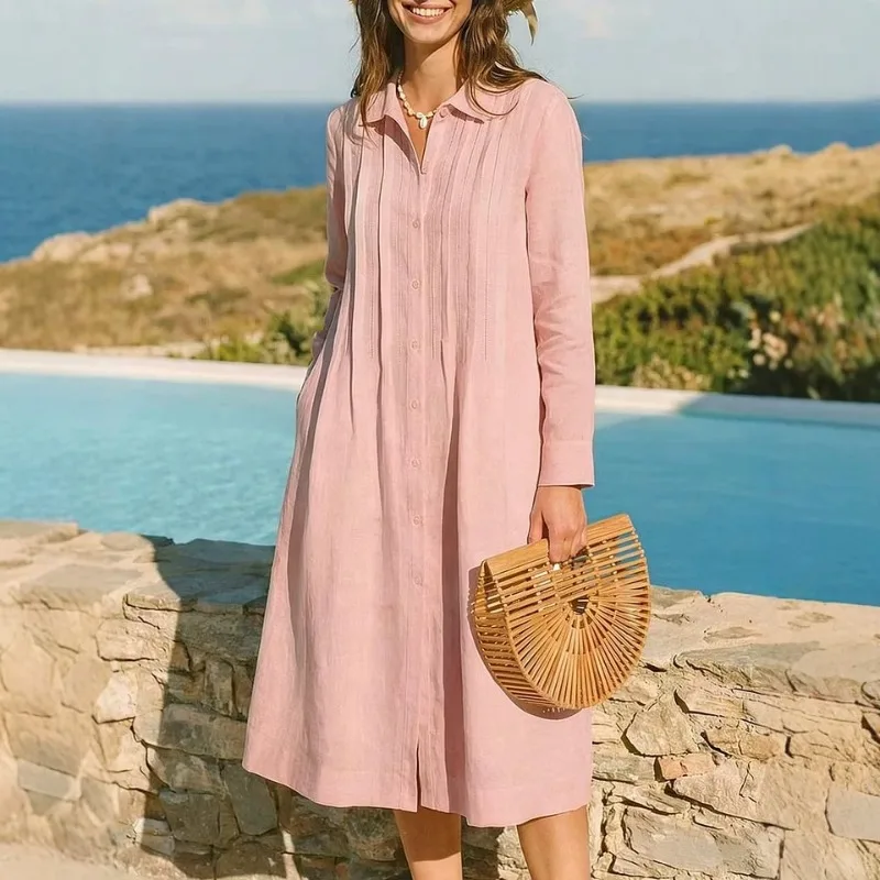 European Solid Long Dress Loos - огляд і ціна Casual Loose Linen Shirt Dress