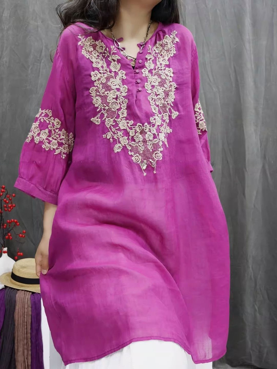 Retro Cotton Linen Embroidered - огляд і ціна Casual Loose Linen Shirt Dress