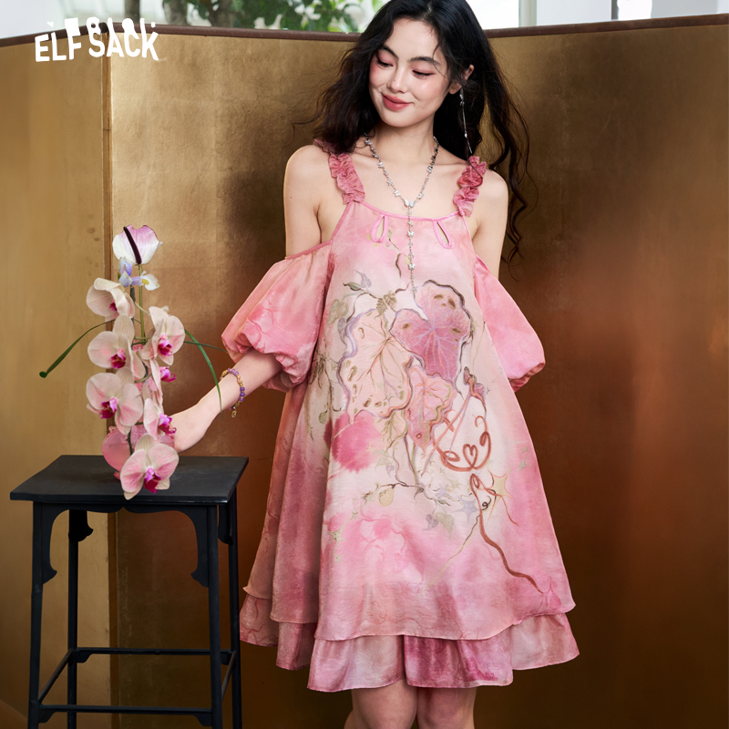 ELFSACK Women's Tie-Dye Jacqua - огляд і ціна Off Shoulder Puff Sleeve Sundress