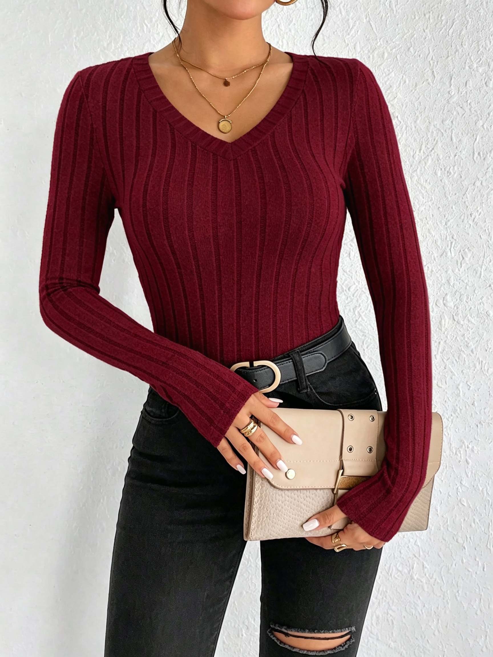 Women Solid V‑Neck Ribbed Knit - огляд і ціна Blouses