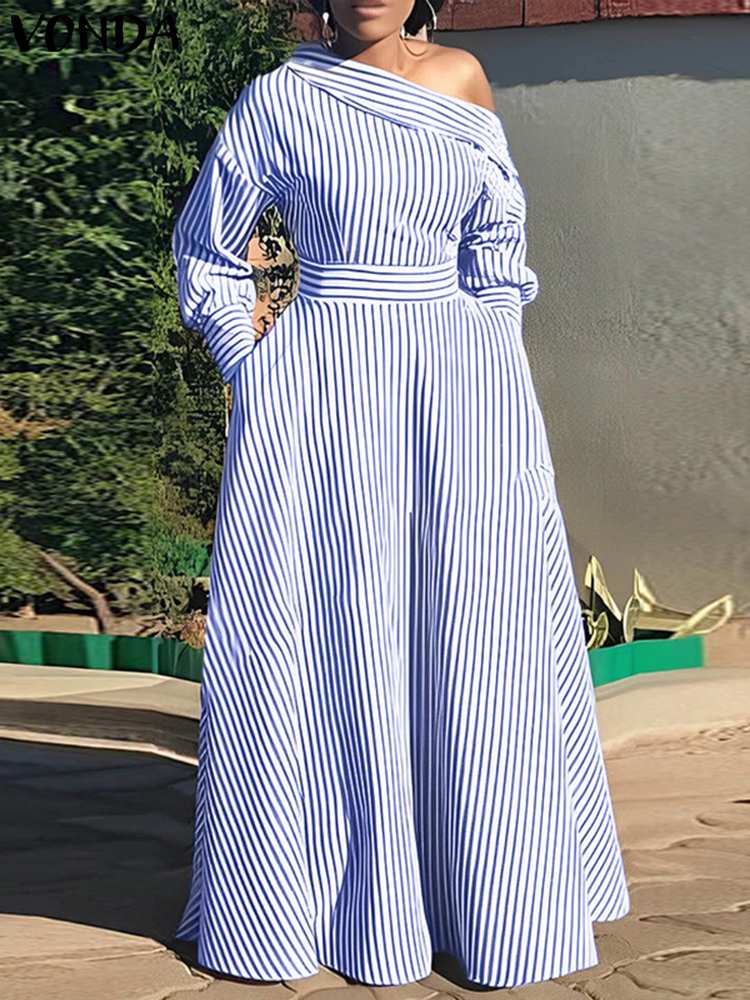 VONDA 2024 Women Elegant Strip - огляд і ціна Off Shoulder Puff Sleeve Sundress
