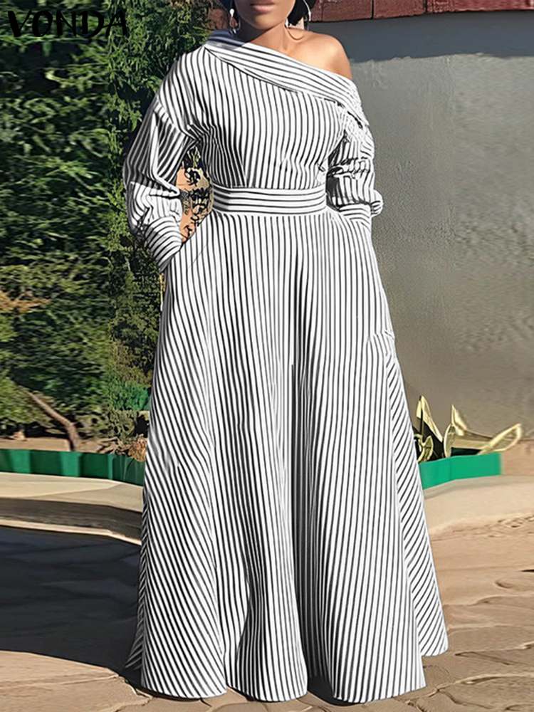 VONDA 2024 Women Elegant Strip - огляд і ціна Off Shoulder Puff Sleeve Sundress