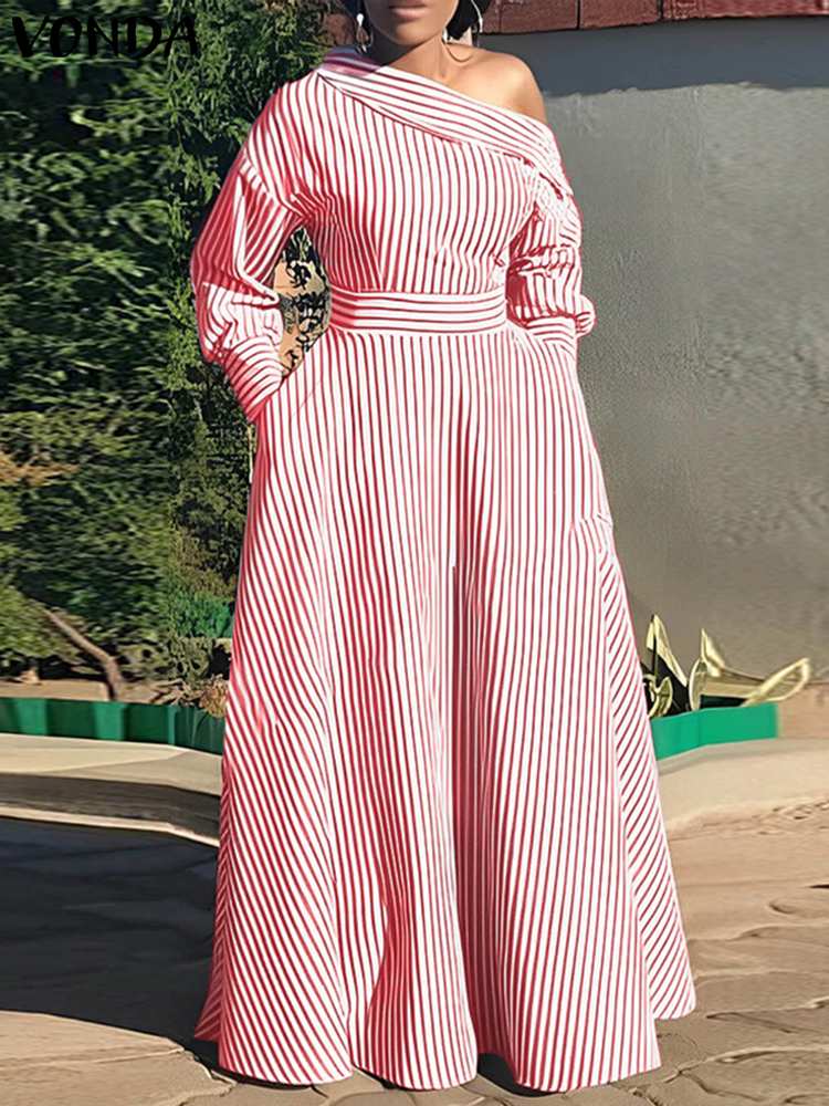 VONDA 2024 Women Elegant Strip - огляд і ціна Off Shoulder Puff Sleeve Sundress