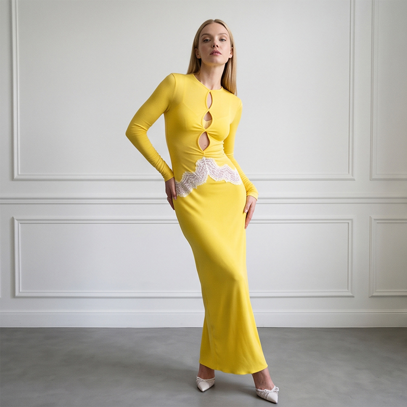 Women Yellow Lace Cutout Long  - огляд і ціна Bodycon Long Sleeve Ribbed Dress