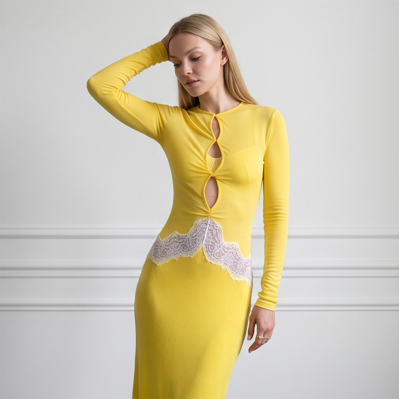 Women Yellow Lace Cutout Long  - огляд і ціна Bodycon Long Sleeve Ribbed Dress