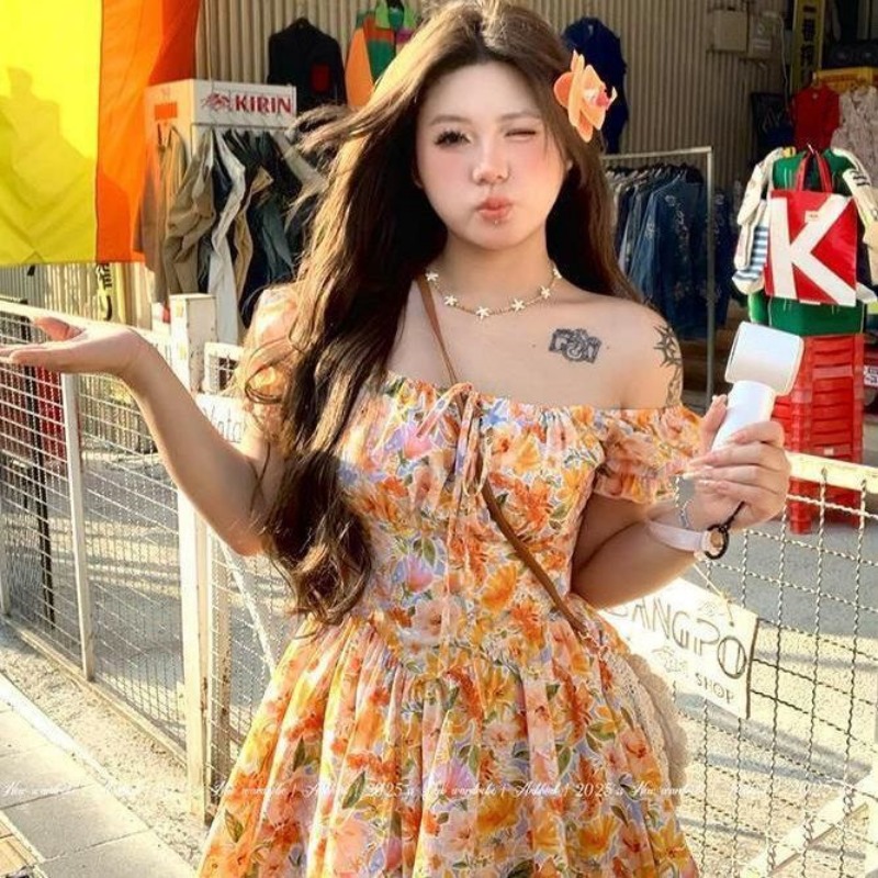 Womens Orange Floral Print Off - огляд і ціна Off Shoulder Puff Sleeve Sundress
