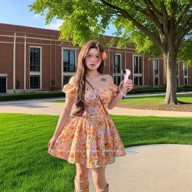 Womens Orange Floral Print Off - огляд і ціна Off Shoulder Puff Sleeve Sundress