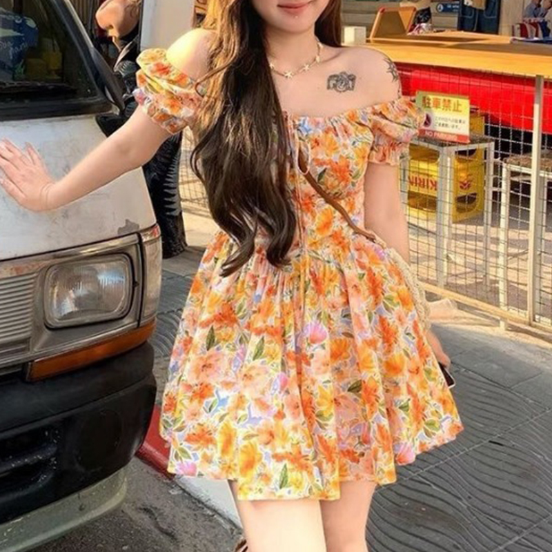 2026 new Orange Floral Print O - огляд і ціна Off Shoulder Puff Sleeve Sundress