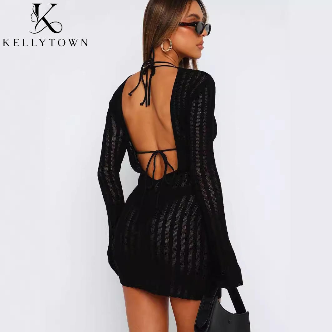 Backless Dress Sexy Rib Knit M - огляд і ціна Bodycon Long Sleeve Ribbed Dress