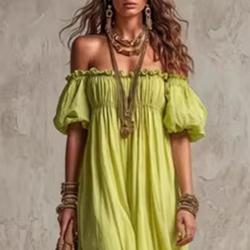 Women Elastic Waist Casual Vac - огляд і ціна Off Shoulder Puff Sleeve Sundress
