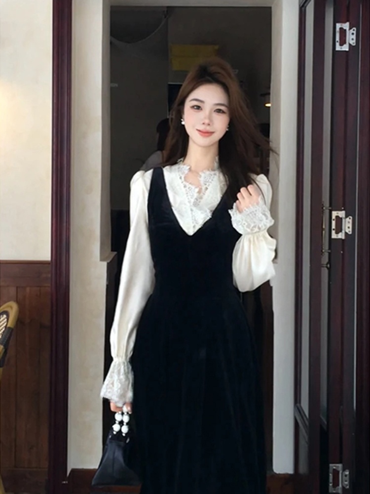 XZY Chic Lace Patchwork Silk S - огляд і ціна Korean Style A Line Shirt Dress