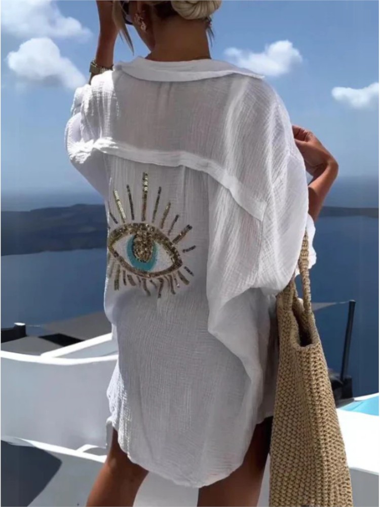 Summer Casual Sequin Eye Shirt - огляд і ціна Casual Loose Linen Shirt Dress