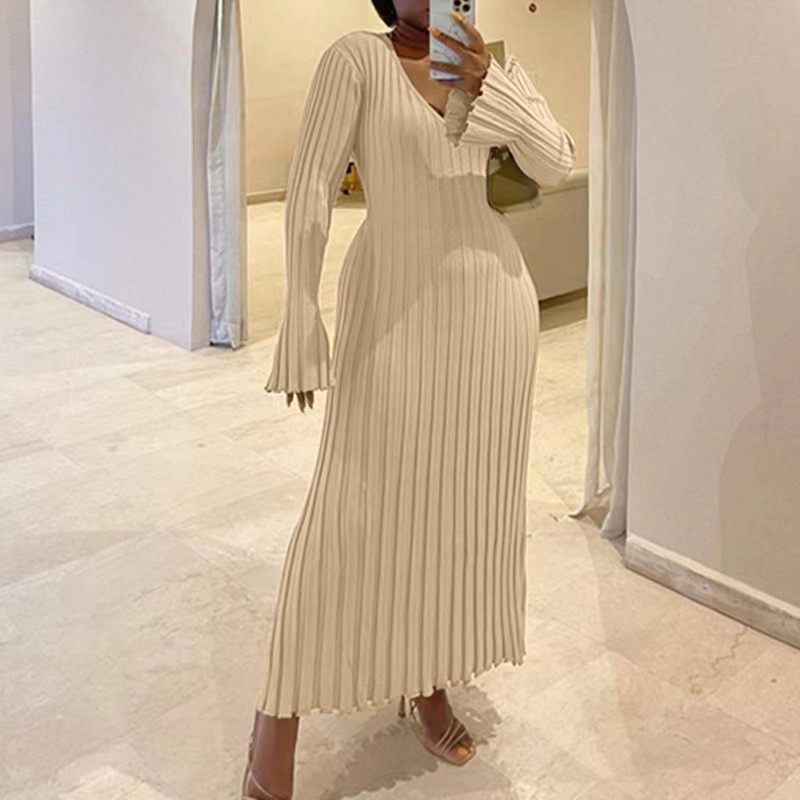 Woman's Autumn V-Neck Knit Ski - огляд і ціна Bodycon Long Sleeve Ribbed Dress
