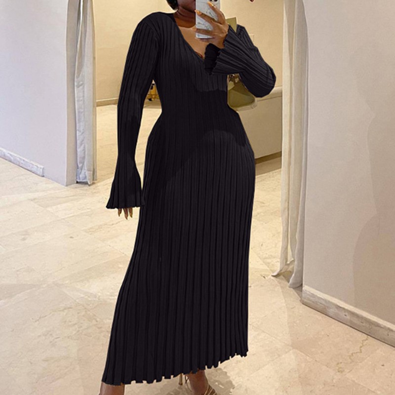 Woman's Autumn V-Neck Knit Ski - огляд і ціна Bodycon Long Sleeve Ribbed Dress