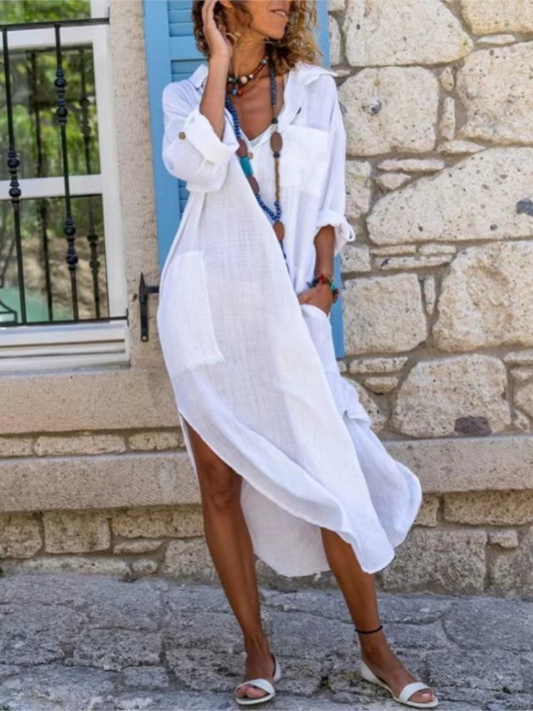White Women's Shirt Dress Soli - огляд і ціна Casual Loose Linen Shirt Dress