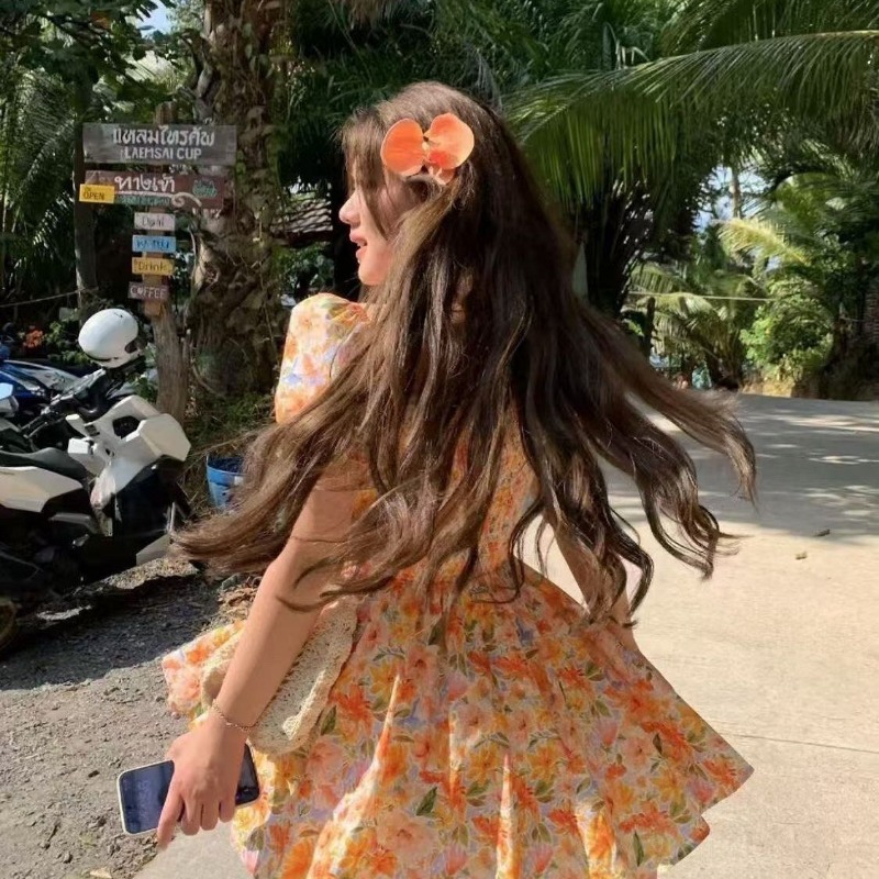 Hotsale Orange Floral Print Of - огляд і ціна Off Shoulder Puff Sleeve Sundress